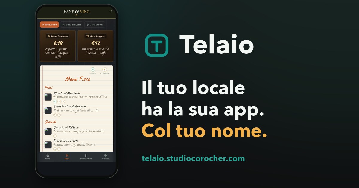 Telaio — l'app di un locale sul telefono di un ospite